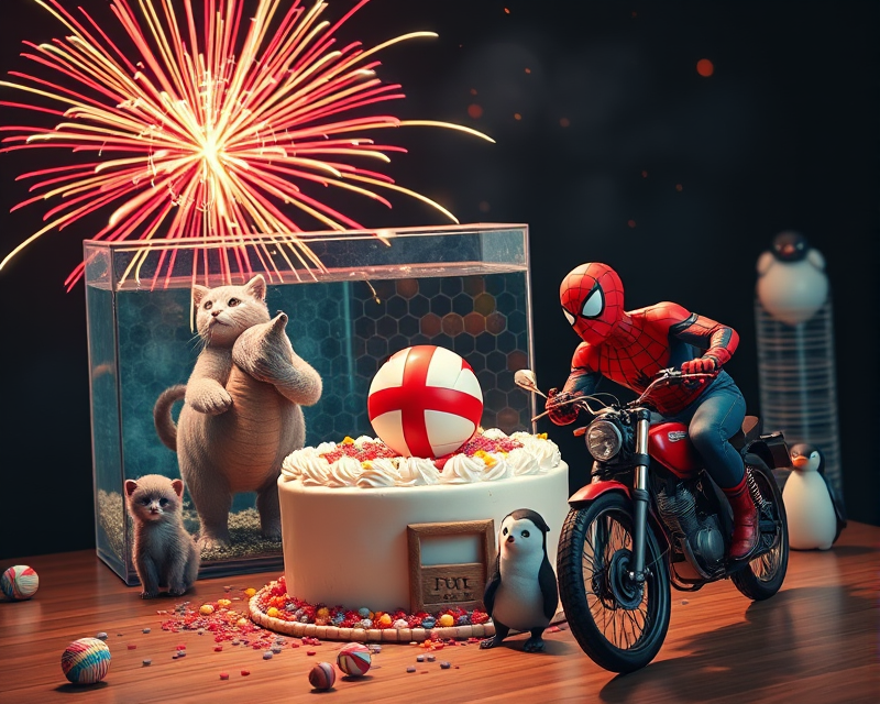 cake, fireworks, fish tank, kitten, volleyball, spiderman, rhino, ferret, penguin, motorcycle